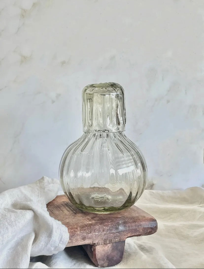 Fluted handblown glass carafe with matching lid cup, handmade in Mexico