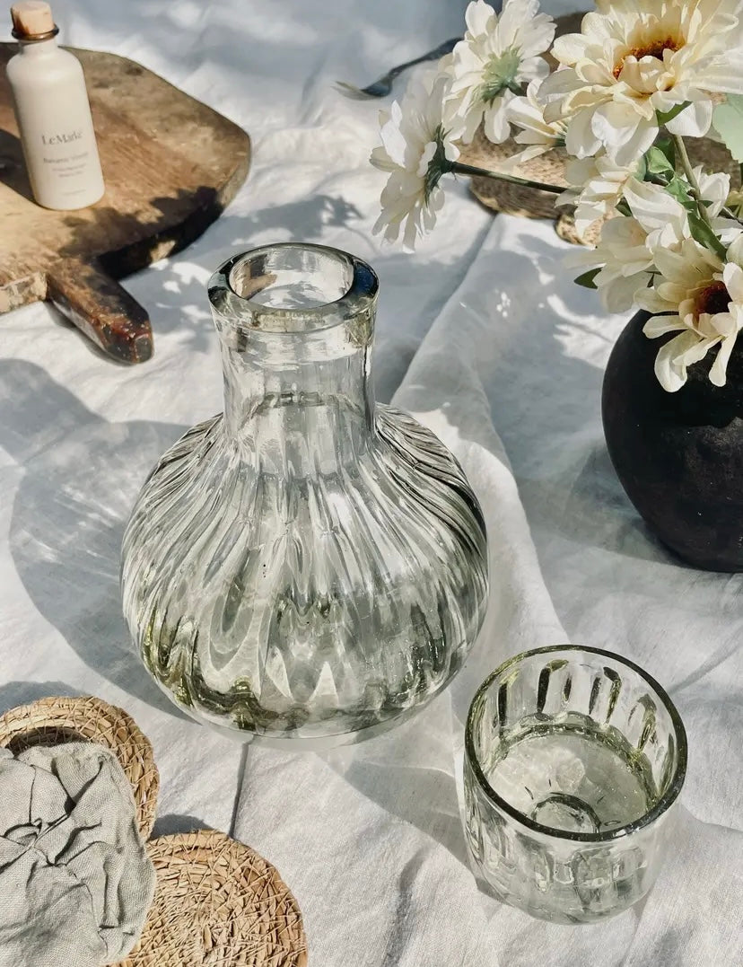 Fluted handblown glass carafe with matching lid cup, handmade in Mexico