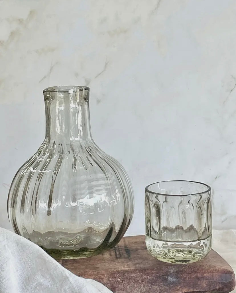 Fluted handblown glass carafe with matching lid cup, handmade in Mexico