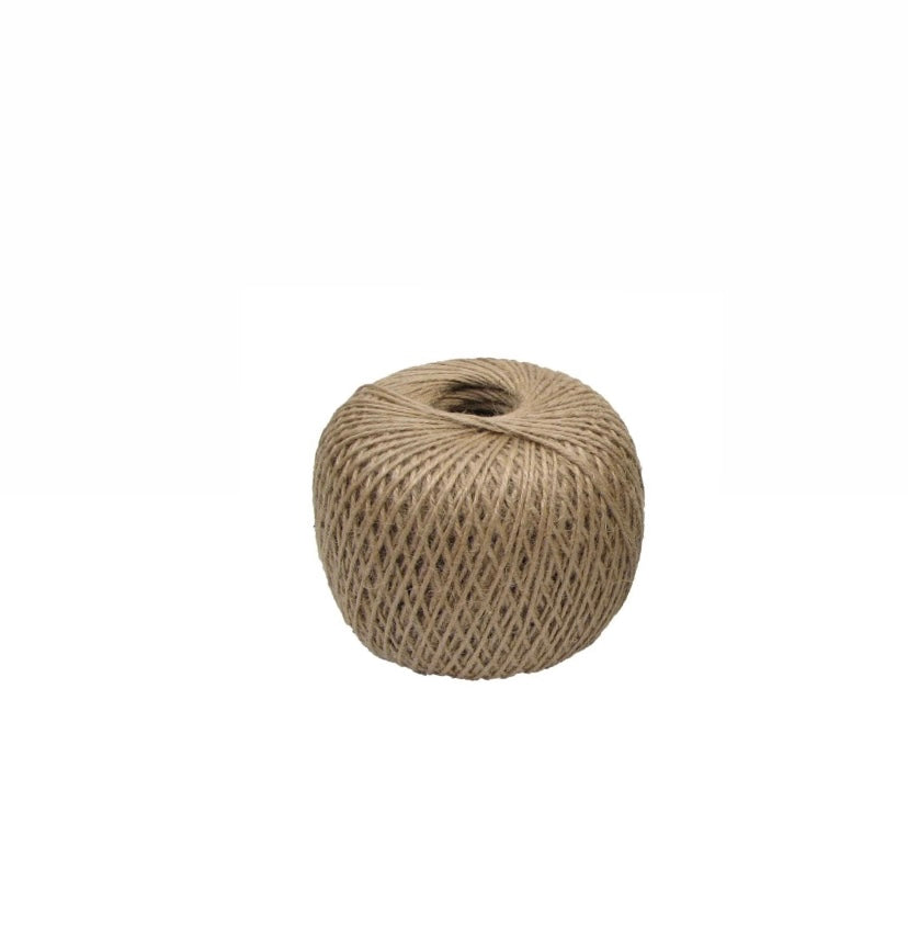 Two coil bobbins of burlap jute twine over white-165903