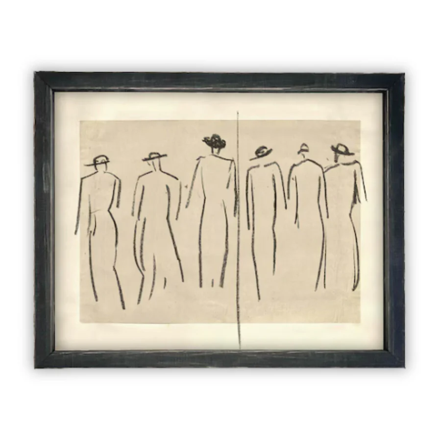 A framed canvas print of abstract sketch artwork depicting multiple silhouetted figures in a simplistic black and white style.