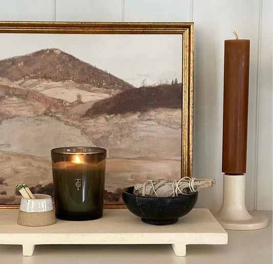 Ayu sandstone tray with candle and incense bowl and match striker.