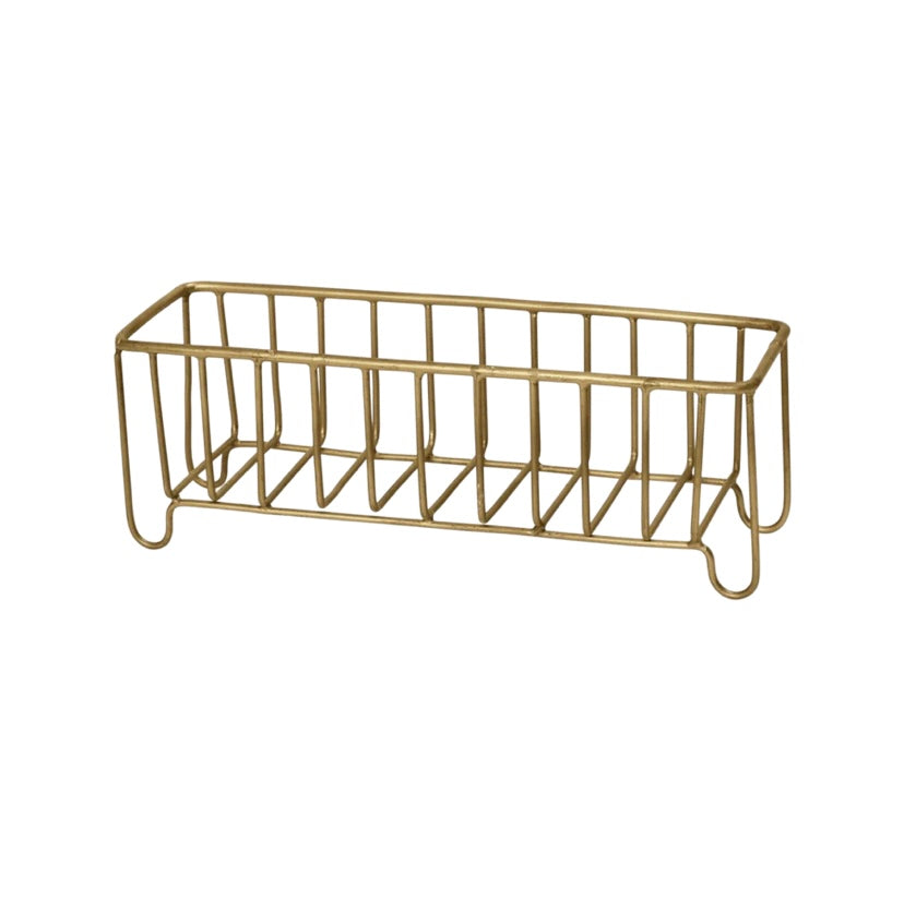 A slender gold-colored brass basket with multiple shelves, suitable for organization in bathroom or kitchen settings.