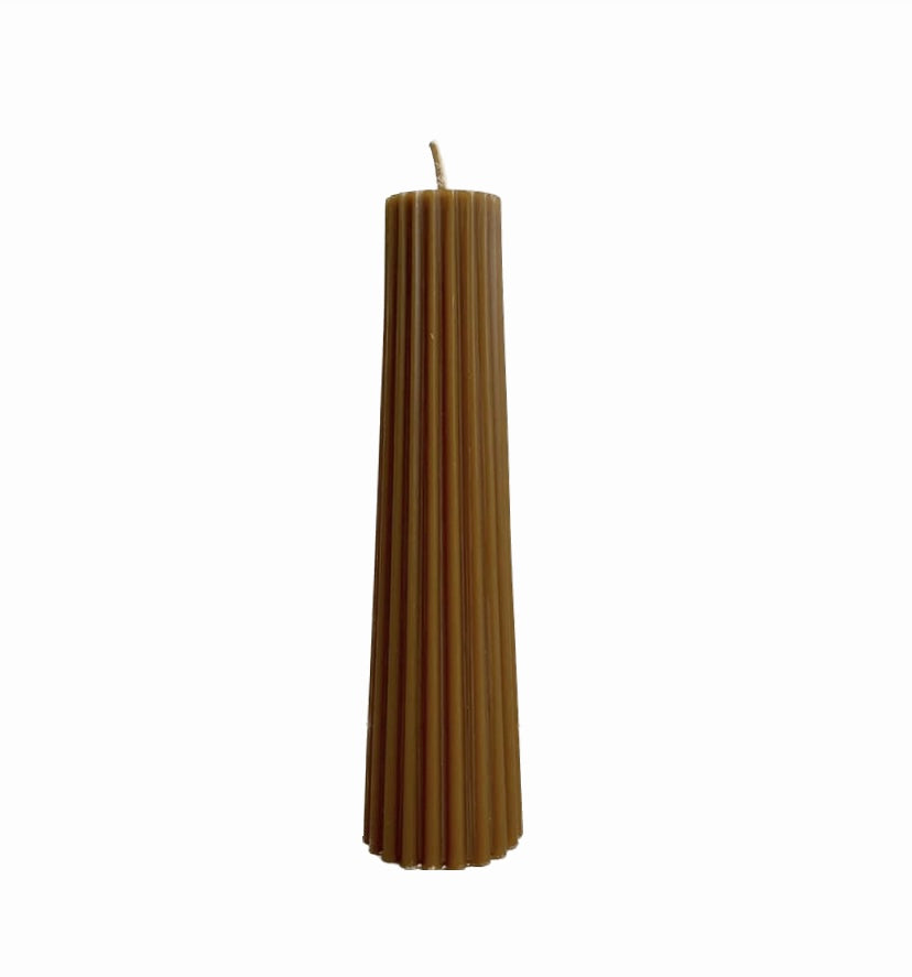 A tall fluted pillar candle from Greentree Home made of pure North American beeswax, with a brown tint, hand-poured and finished, displayed against a plain background.