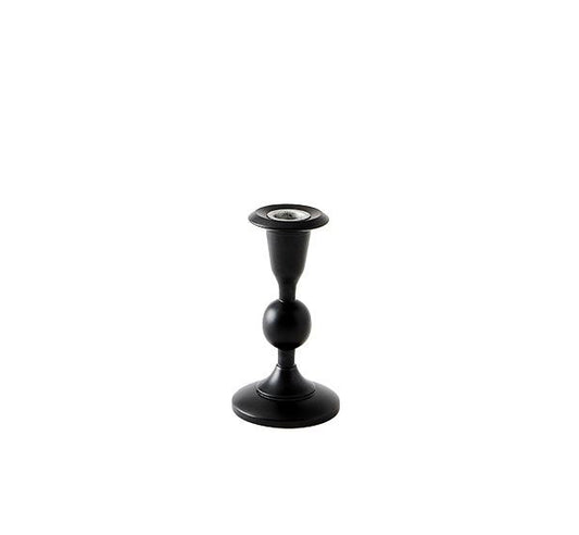 A black, Georgian-inspired candlestick with a classic design, hand-carved from plantation hardwood with a black lacquer finish.