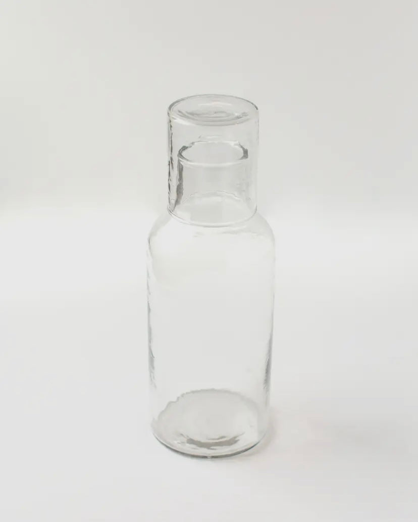 Ethically made glass carafe set with compact lid-glass combo, handmade in India.