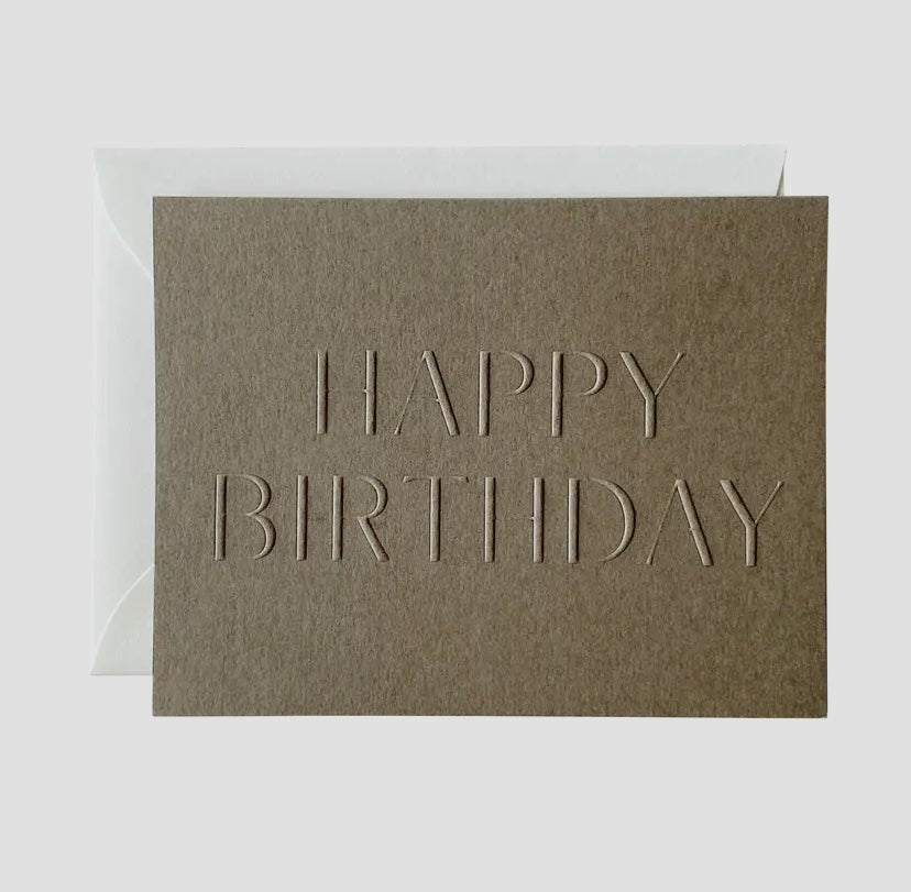 Brown birthday card with 'Happy Birthday' text on a white background