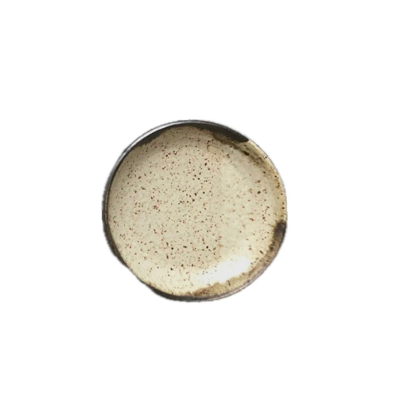 Beige and brown speckled ceramic plate.