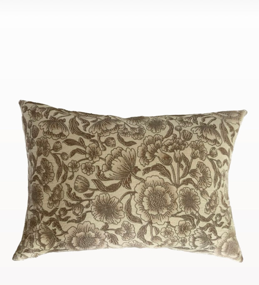 A beige cotton pillow cover with a floral pattern and invisible zipper, displayed on a white background.