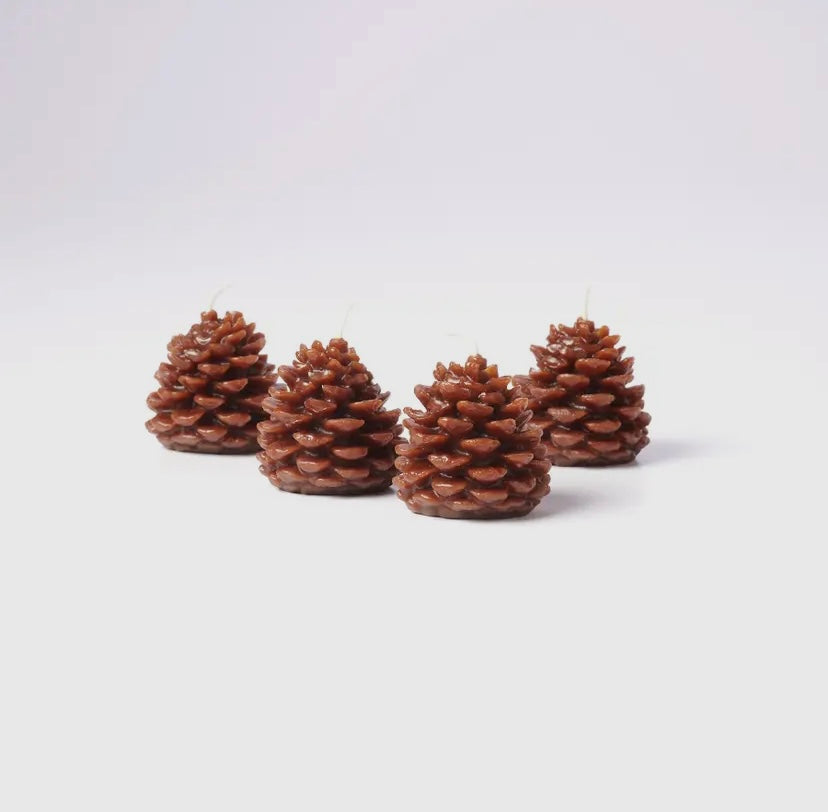 Four pine cone-shaped beeswax candles on a white background