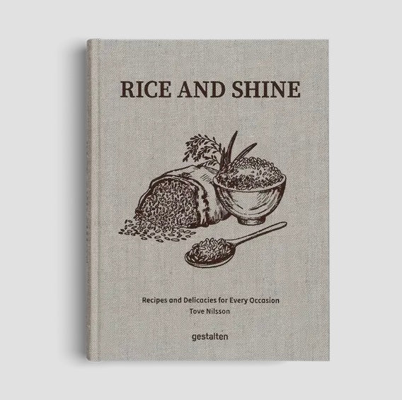 Book titled 'Rice and Shine' with illustrations of rice, bread, and a bowl on a gray background