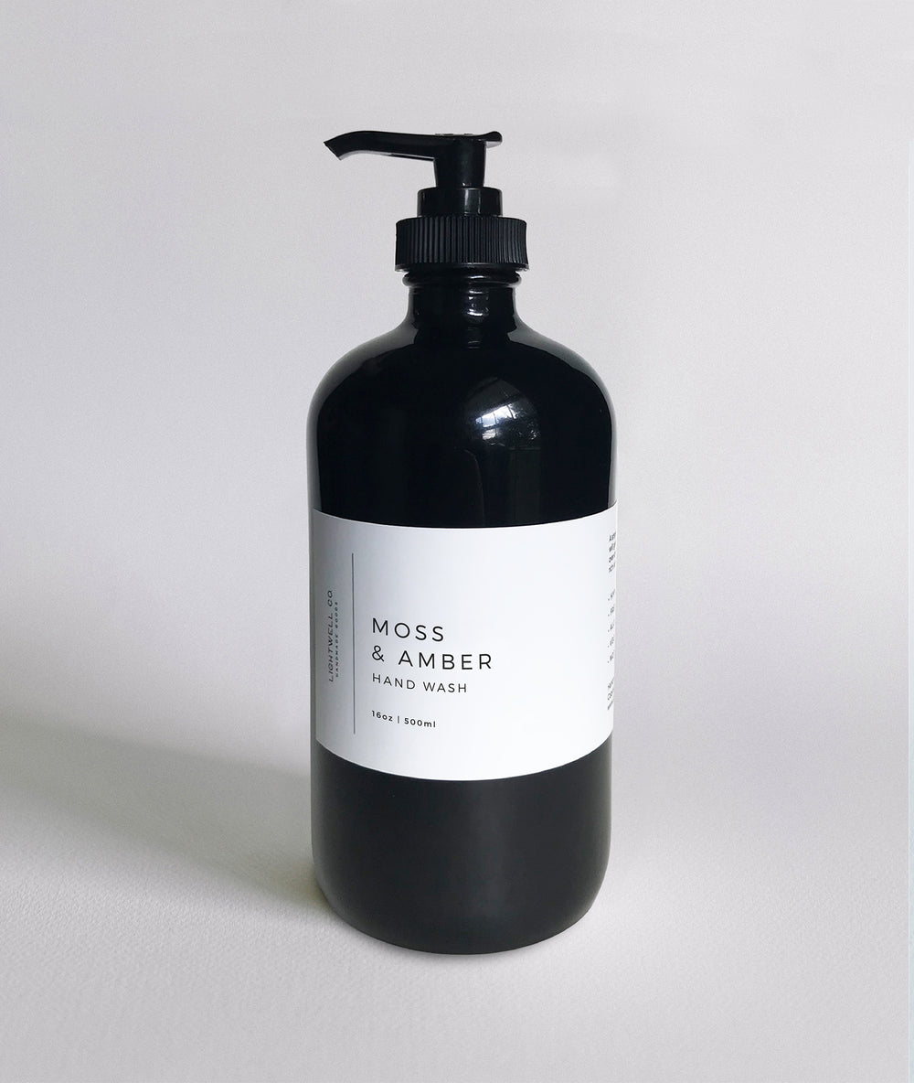 Boston round soap bottle with waterproof label