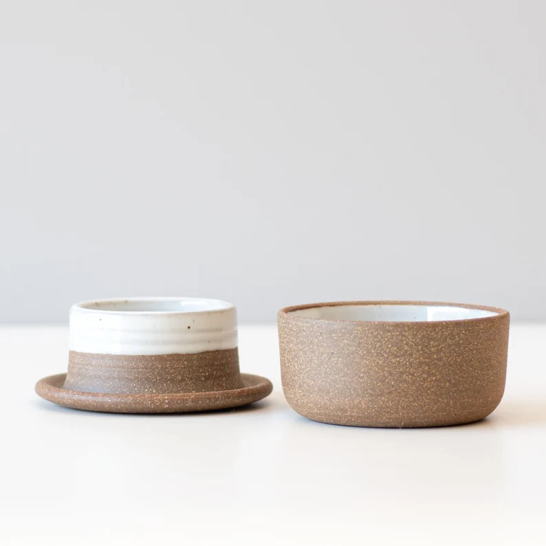 Sawyer Ceramics butter keeper showing lid fir butter and base for water