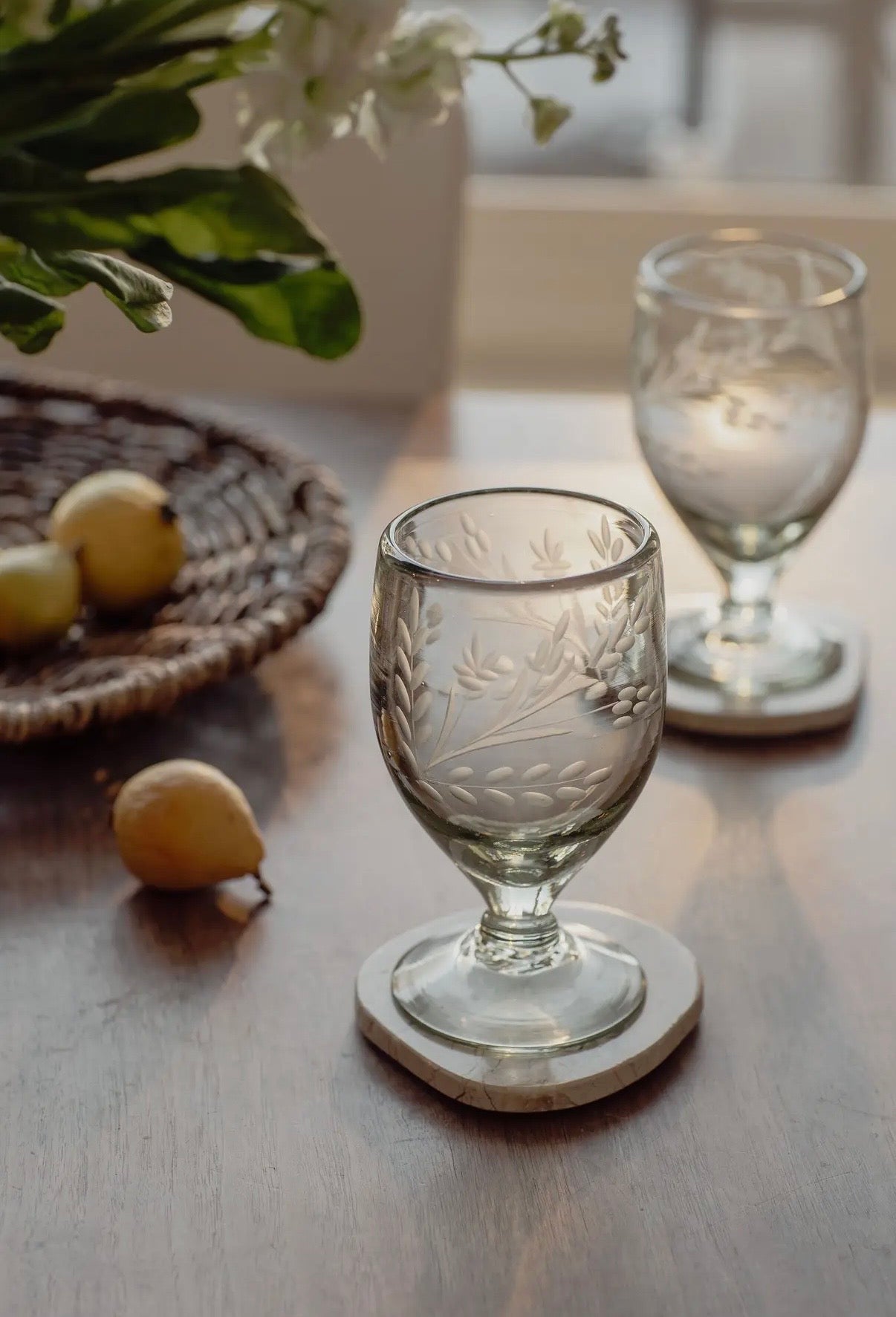 HAND ETCHED FLORAL STEMMED GLASS