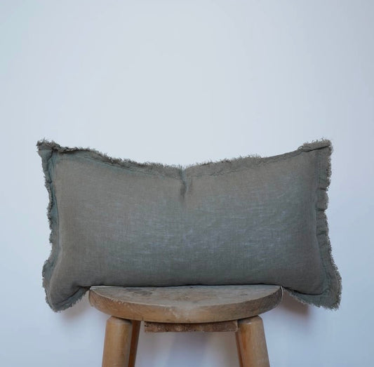 FRINGED LINEN PILLOW COVER MOSS