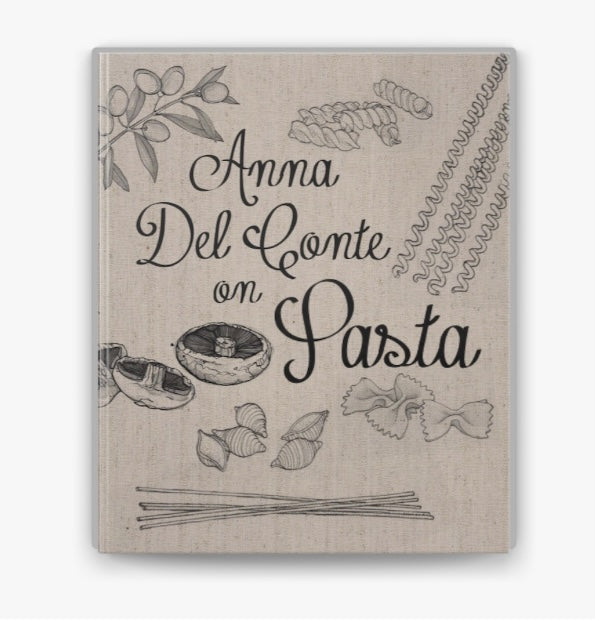 Book cover of 'Anna Del Conte on Pasta' with illustrations of pasta and ingredients on a beige background