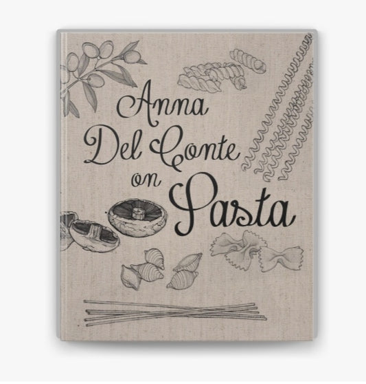 Book cover of 'Anna Del Conte on Pasta' with illustrations of pasta and ingredients on a beige background