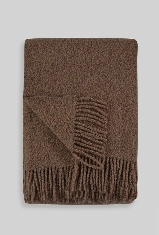 Brown textured blanket with geometric pattern on a light gray background