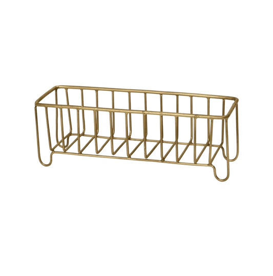 A slender gold-colored brass basket with multiple shelves, suitable for organization in bathroom or kitchen settings.