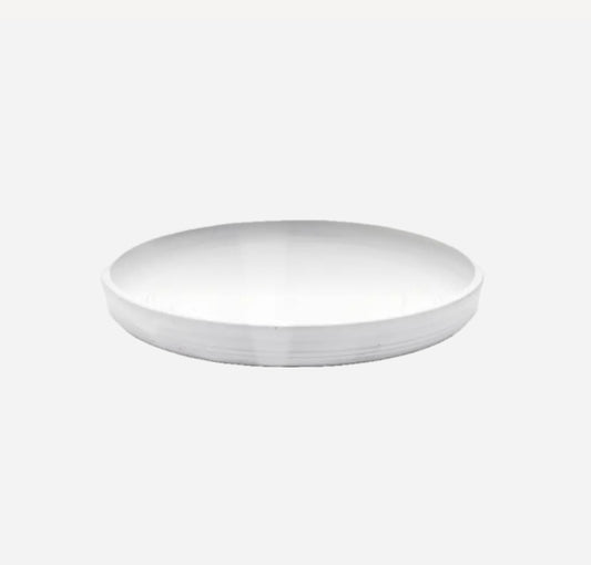 A matte white ceramic tray with a smooth surface and rounded edges on a plain background.