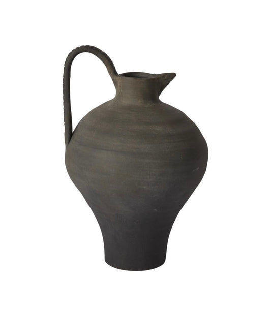 A gray terracotta jug with a handle on the side, displayed against a plain background.