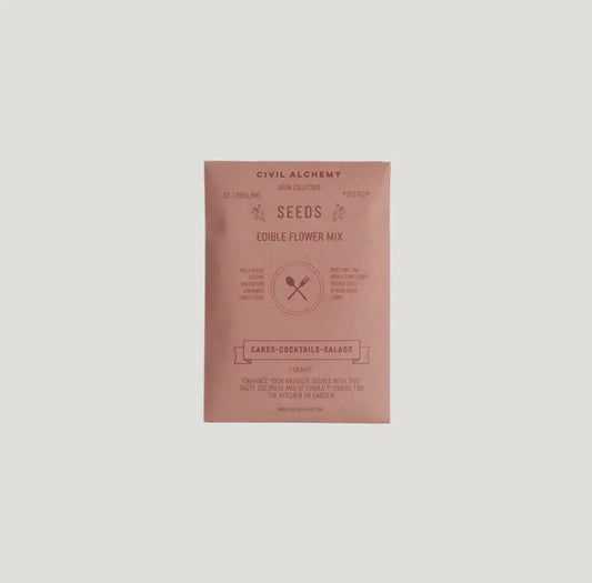 Packaging for Civil Alchemy Edible Flower Mix, showing a pink-colored bag with product information and an illustration of a flower.
