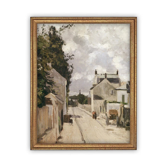 European Village - Vintage Print on Canvas with Gold Frame