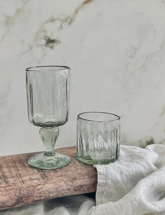 Tall handblown recycled glass goblet with natural imperfections