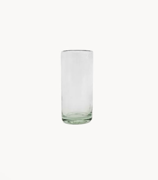 Close-up of artisan glass showing vertical bubbles and slim silhouette