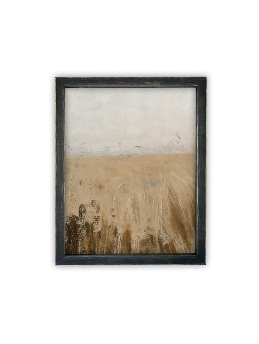 Framed abstract artwork with earthy tones on a white background