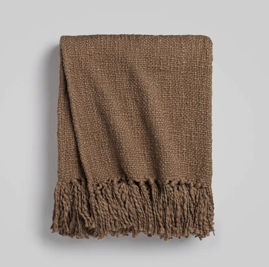 Brown textured blanket with fringes on a light gray background