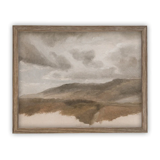 A canvas print featuring an abstract representation of a landscape with a vintage look, framed in a wooden structure.