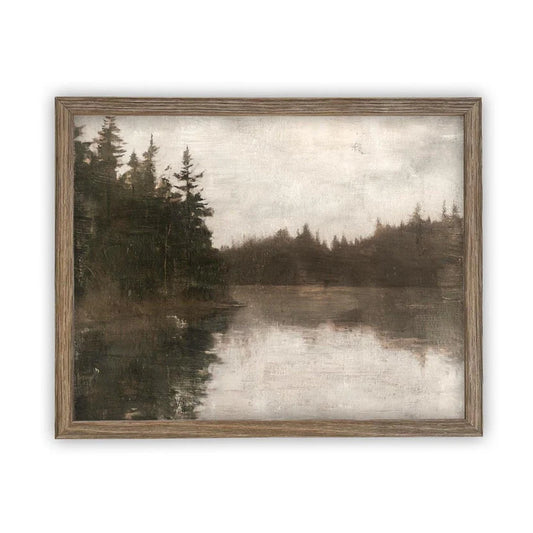 Framed artwork of a lake with trees on a white background