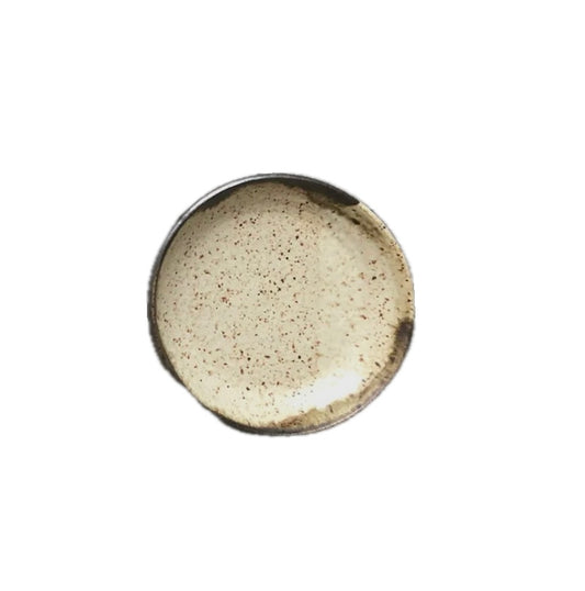 Beige and brown speckled ceramic plate.
