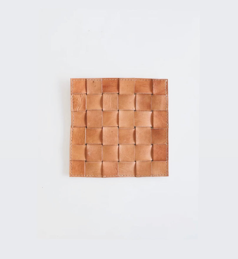 Square woven leather trivet from Morocco