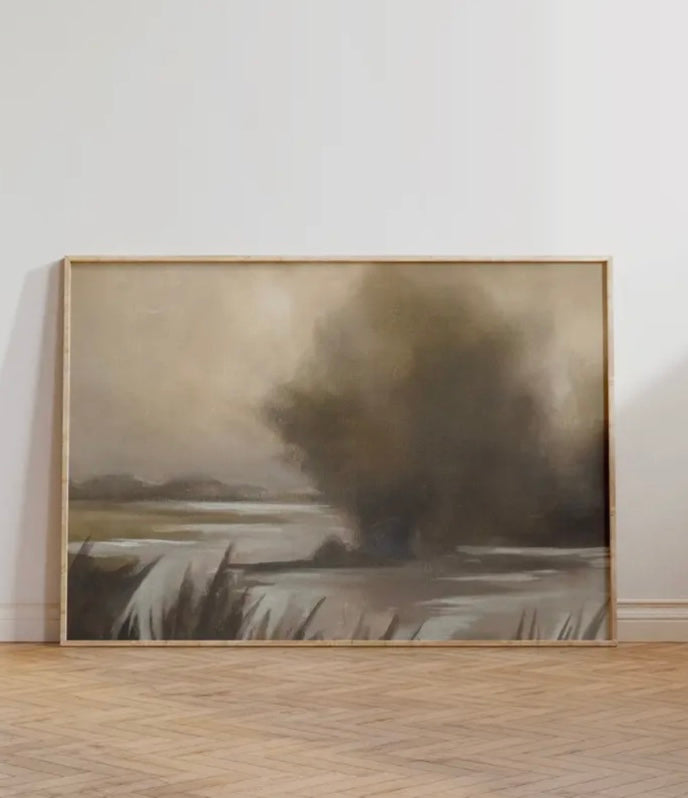 Framed landscape painting of a stormy sky over water by David Brazier.