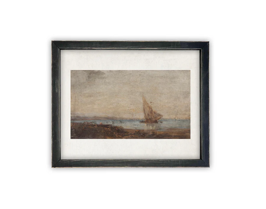 Reproduction on canvas of sailboat on lake.