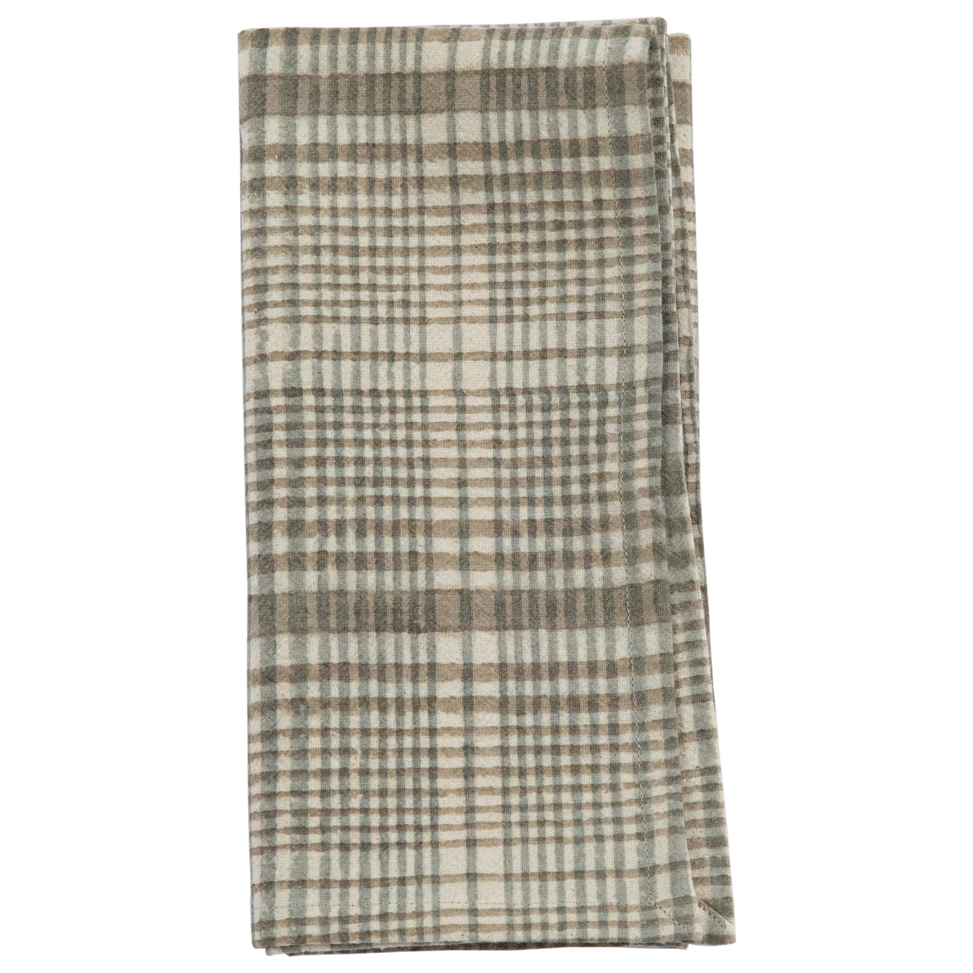 Folded plaid towel with brown and beige pattern on a white background