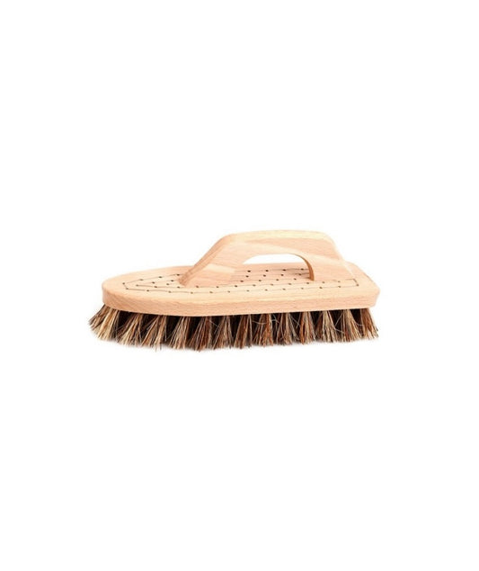 A beige scrubbing brush with a wooden handle and straw bristles, designed for cleaning hard surfaces.  By Iris Hantverk
