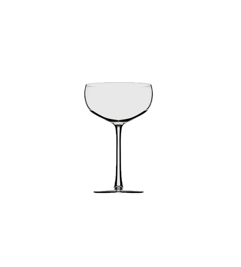 A clear champagne coupe glass with a simple design, featuring a wide bowl and a narrow stem, on a white background.