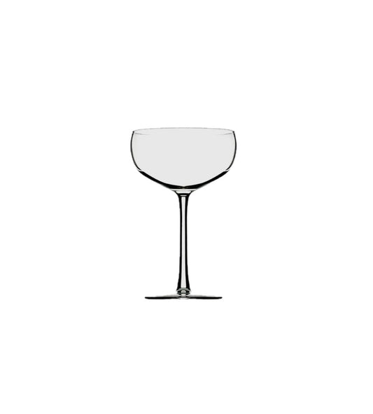 A clear champagne coupe glass with a simple design, featuring a wide bowl and a narrow stem, on a white background.