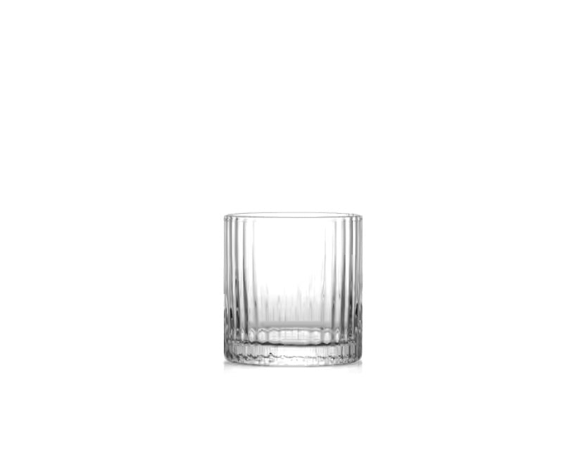 A clear glass with a thick base and ribbed design, typically used for serving whiskey.