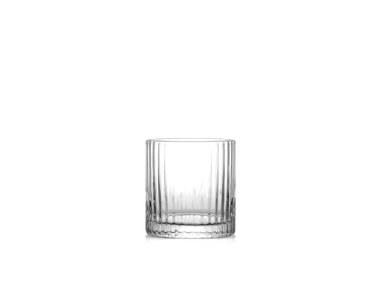 A clear glass with a thick base and ribbed design, typically used for serving whiskey.