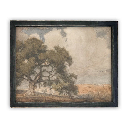 Framed print artwork of a landscape with a tree and sky.