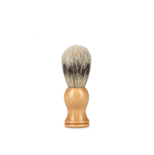 A wooden shaving brush with dense boar bristles, displayed against a white background.