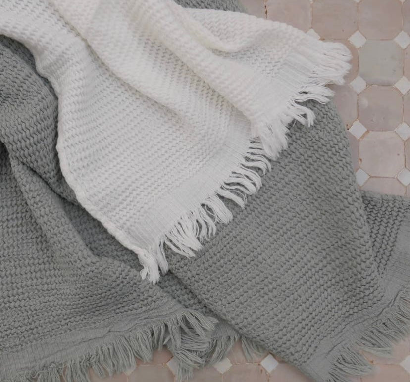 Waffle bath and hand towel set, gray and white.