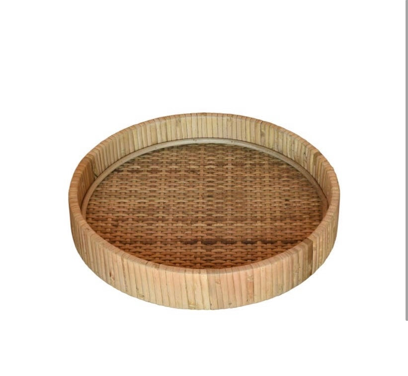 Round tan rattan tray 2 inches deep.