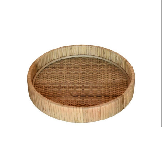 Round tan rattan tray 2 inches deep.